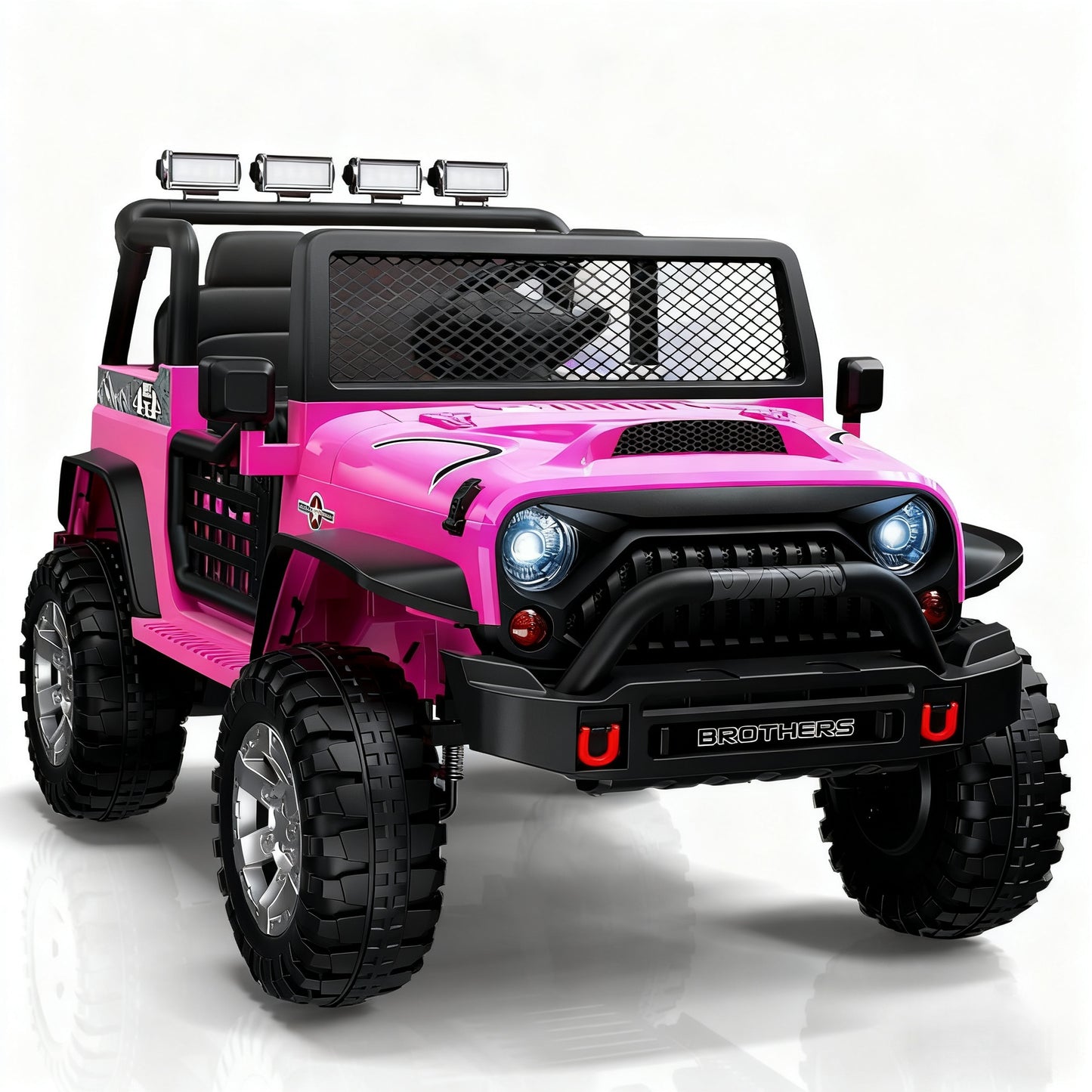 Pink toy jeep with black details on a white background