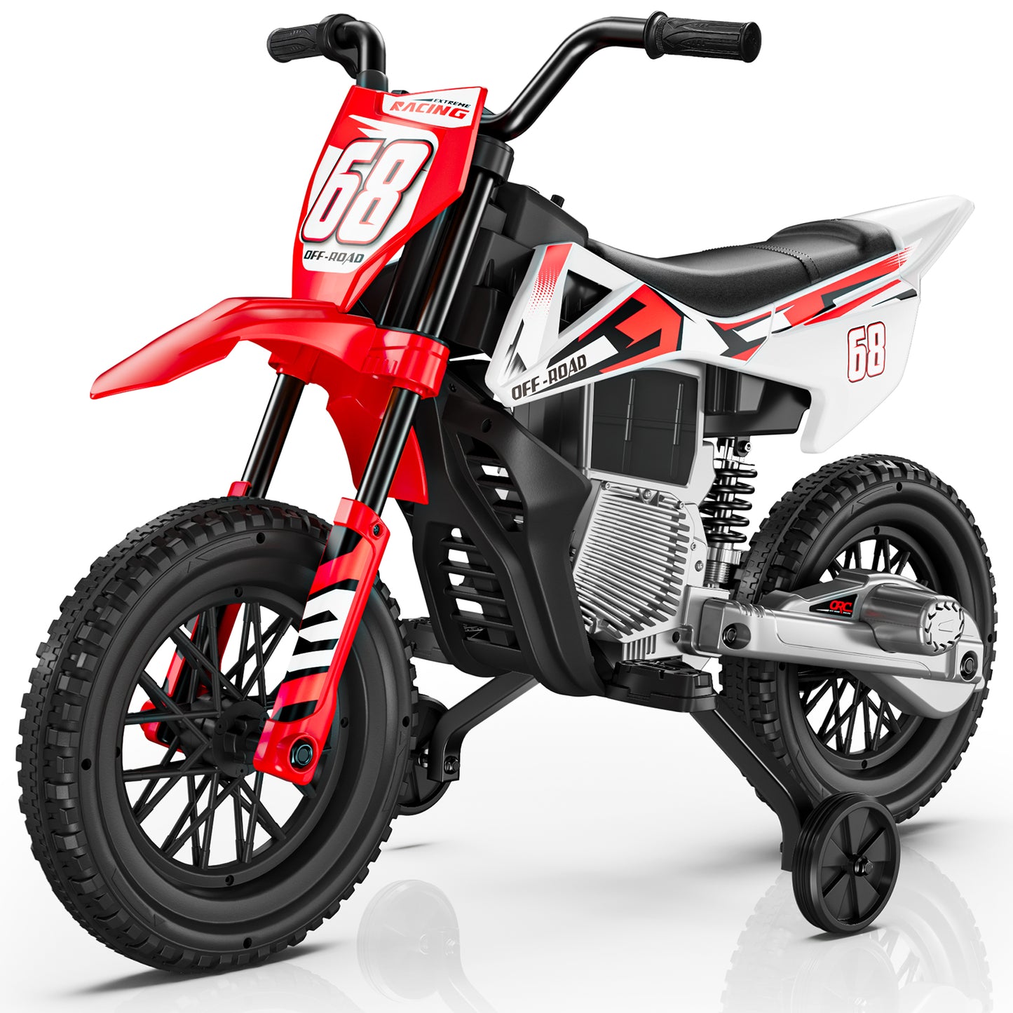 Red and black toy dirt bike with number 68 on a white background