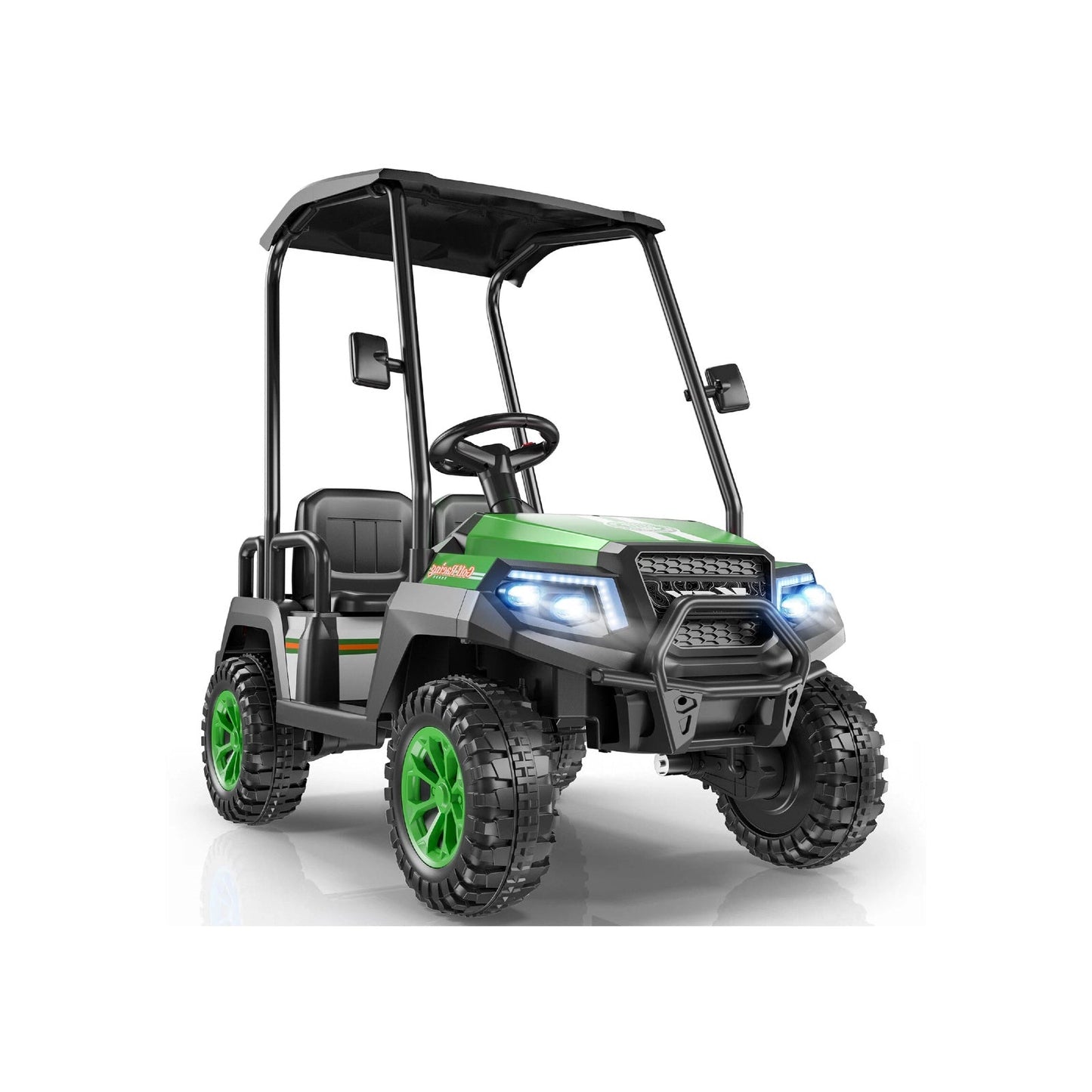 Green and black off-road vehicle on a white background