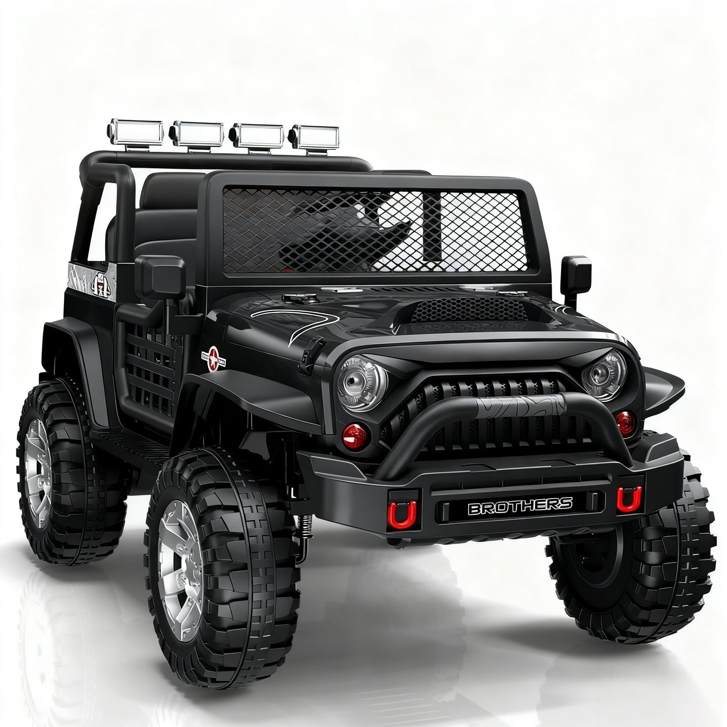Black toy jeep with large wheels on a white background