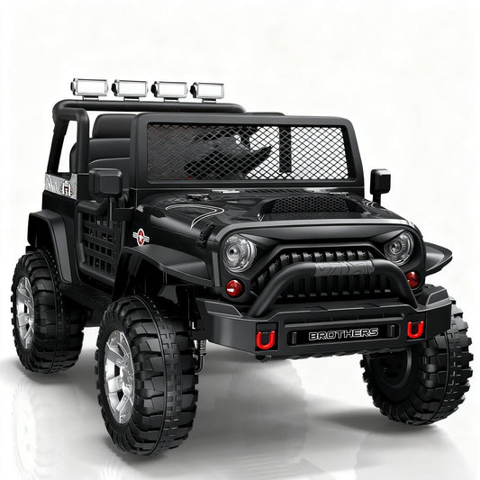 Black toy jeep with large wheels on a white background