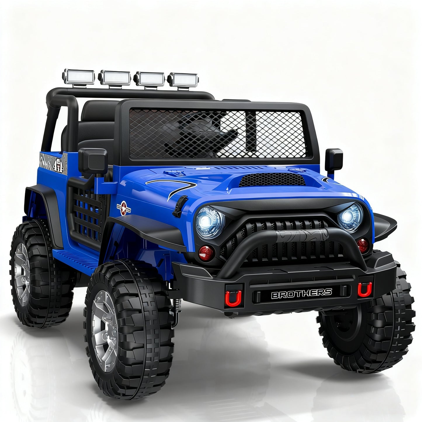Blue toy off-road vehicle with black details on a white background