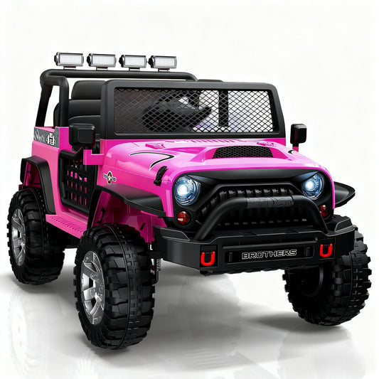 Pink toy jeep with black details on a white background