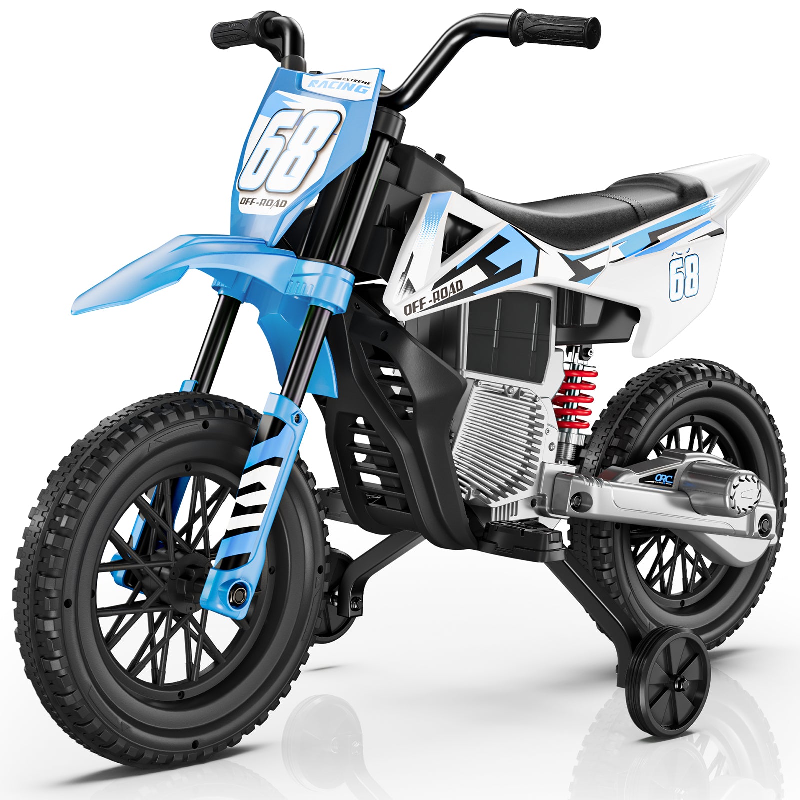 Children's dirt bike with blue and black design on a white background