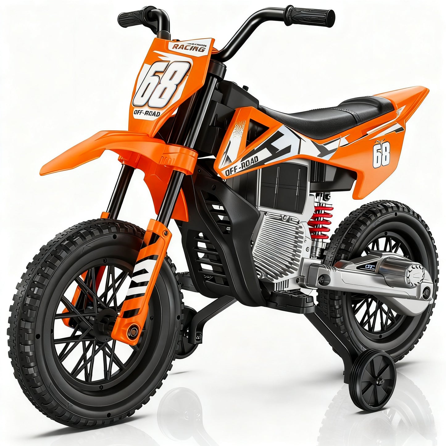 Orange and black toy dirt bike with visible branding on a white background