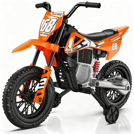 Orange and black toy dirt bike with visible branding on a white background