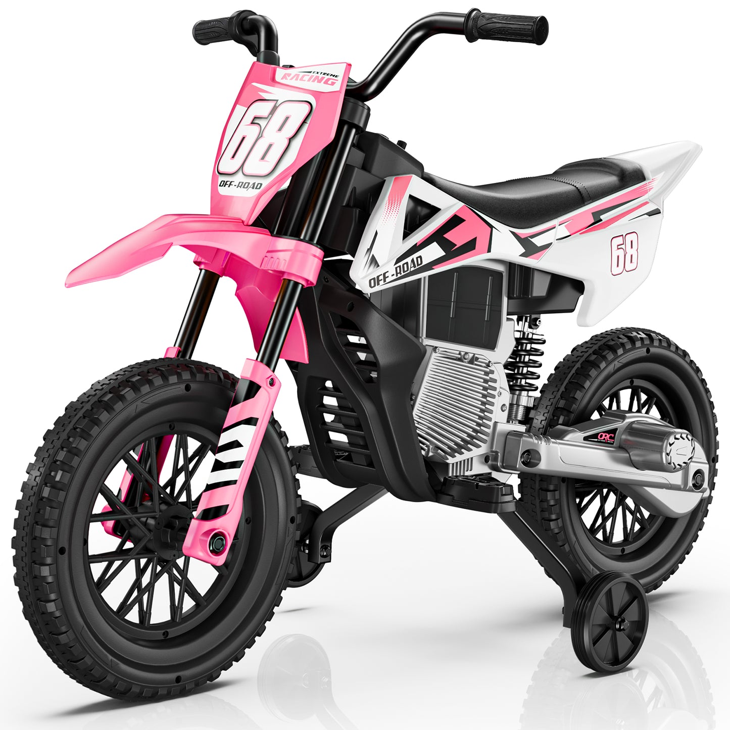 Pink and black children's dirt bike with number 68 on a white background