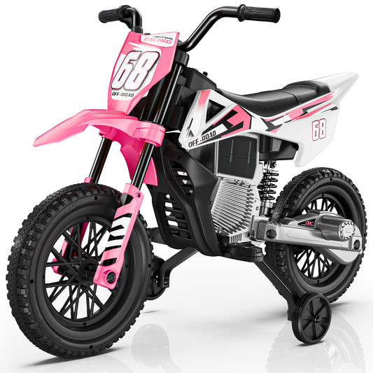 Pink and black children's dirt bike with number 68 on a white background