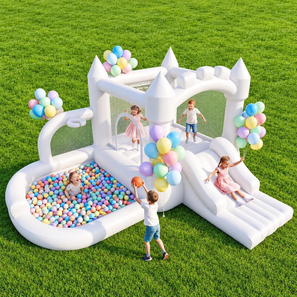 4-in-1 Inflatable Bounce House for 5 Kids with Slide & Ball Pit