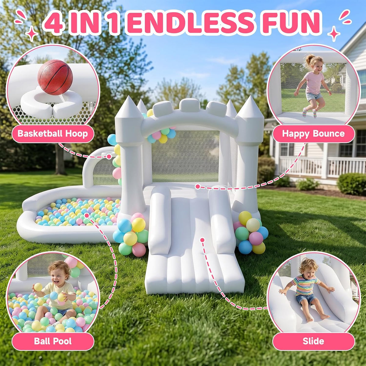 4-in-1 Inflatable Bounce House for 5 Kids with Slide & Ball Pit