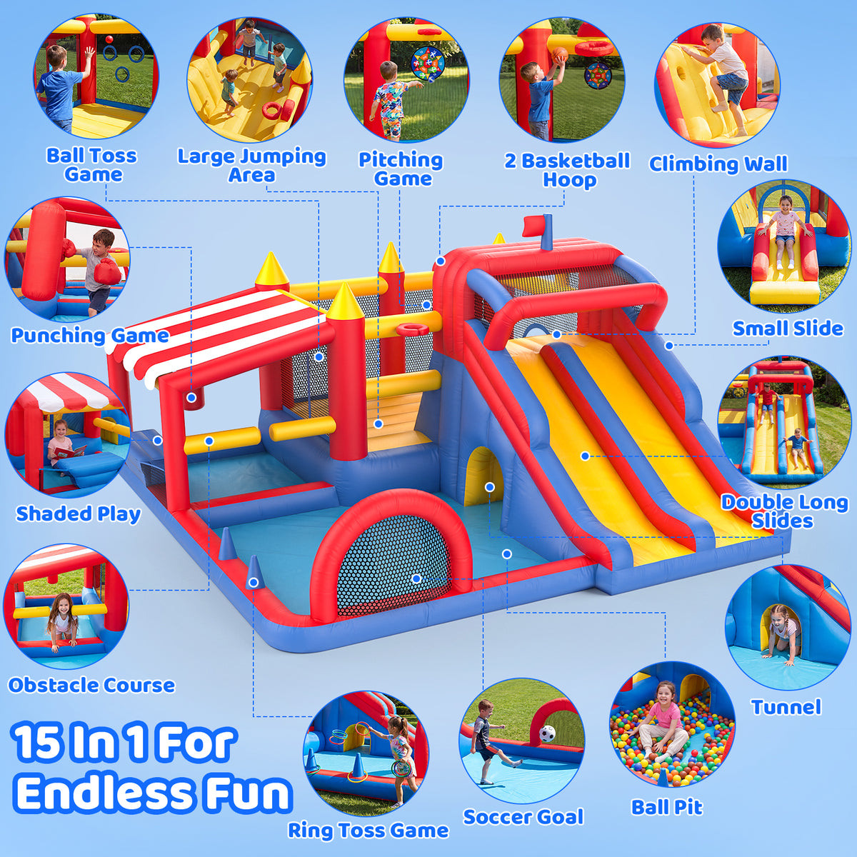 15 in 1 Inflatable Bounce House with Double Slide & Climbing Wall